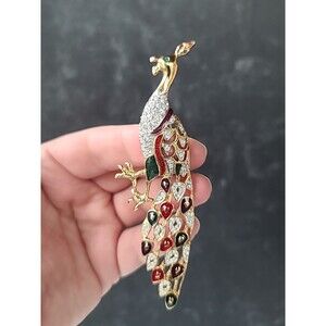 Peacock Rhinestone And Enamel Gold Tone Metal Brooch Vintage Costume Jewelry